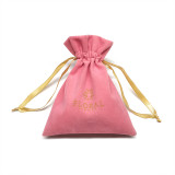 Wholesale customized high end gift jewelry pouch bags drawstring velvet pink jewelry bag with ribbon