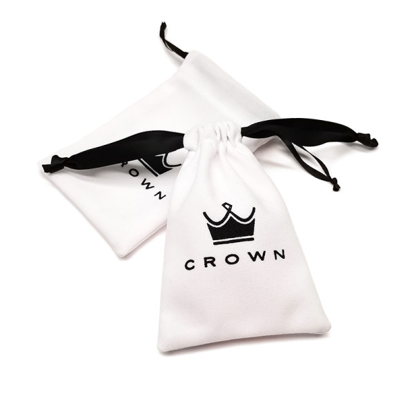 Custom Logo Screen Printed White Velvet Jewelry Pouch Bags with Ribbon Drawstrings