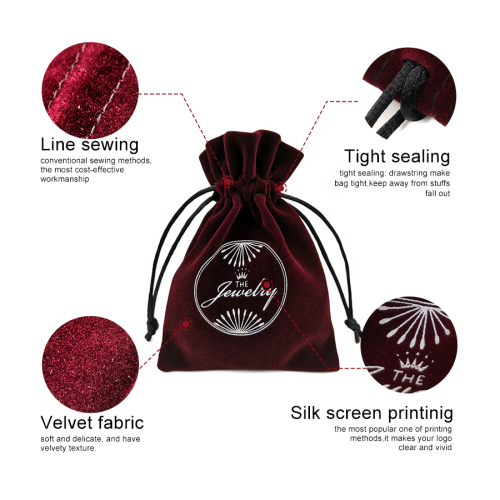 Custom printed velvet bag pouch for jewellery gift with drawstring