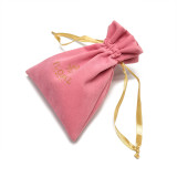 Wholesale customized high end gift jewelry pouch bags drawstring velvet pink jewelry bag with ribbon