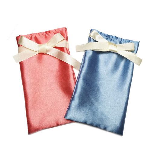 Custom logo excellent quality luxury silk satin packaging pouch with ribbon