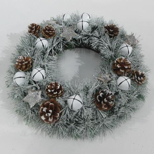 with white glitter  nature pine cone with white glitter with white metal bell 45cm out Dia pine wreath