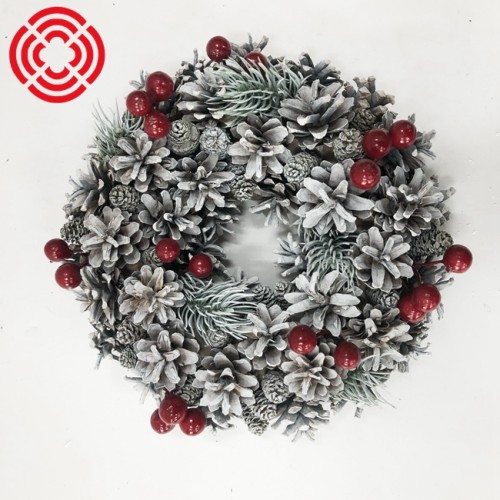 2021 yiwu shuangyuan 25cm dia  New Christmas natural pine cone wreath with white glitter