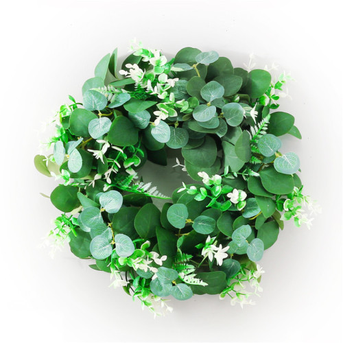 2021 New Decorative 40cm Artificial Eucalyptus Wreath with Bowknot Faux Green Leaves Garland for Front Door Wall