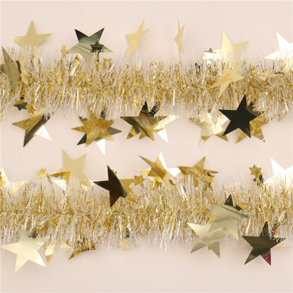 glittering  gold  PET tinsel garland with star  leaves deco for party decoration