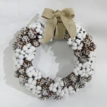 big linen bow nature pine cone with white glitter nature pine cone45cm nature cotton wreath