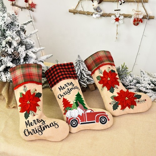 Big Size 46*26*19cm Xmas gift Socks Plaid linen Christmas socks