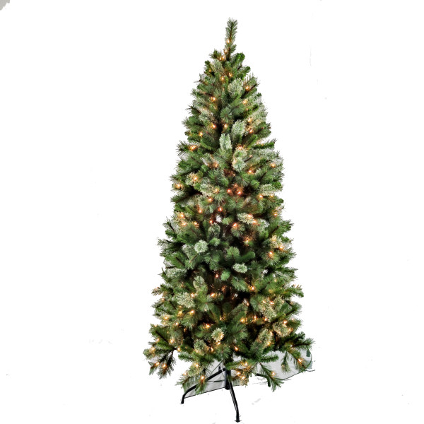 Best selling Prelit 7ft Pencil Slim PVC Pine Needle Mixed Artificial Christmas Tree with Lights Metal Base