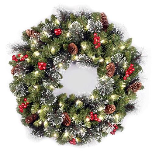 24 Inch PVC PE Spruce Wreath with Red Berries Cones Silver Bristles  and 50 Battery Operated Warm White LED Lights