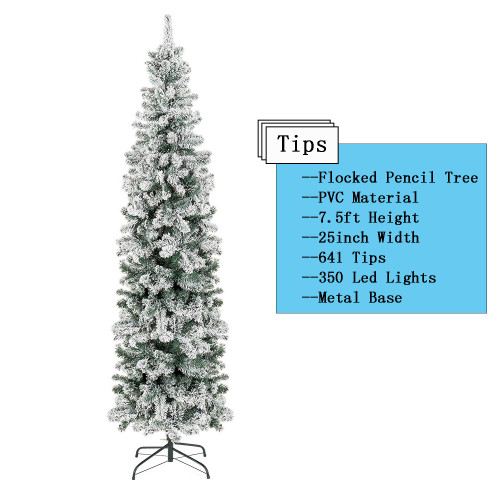 7.5ft Slim Pre Lit Artificial Snow Flocked Christmas Pencil Trees with LED Lights