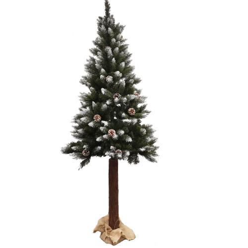 Outdoor Indoor Decorated Snowy Branch PVC Artificial Christmas Tree with Wood Trunk and Pine Cone