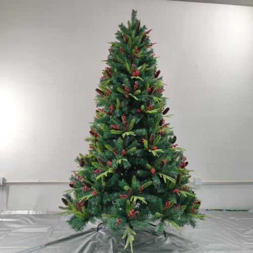 High Quality 7ft PVC Pine Needle Mixed Christmas Tree with Pine Cone and Red Berry Metal Stand for Indoor and Outdoor Use