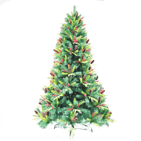 High Quality 7ft PVC Pine Needle Mixed Christmas Tree with Pine Cone and Red Berry Metal Stand for Indoor and Outdoor Use