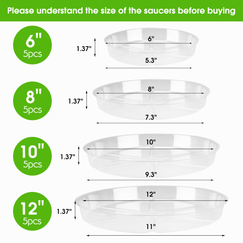 6/8/10/12 Inch( Each 5 Piece ) Plant Growing Trays Plastic Plant Saucer  Clear Plastic Flower Plant Pot Saucer