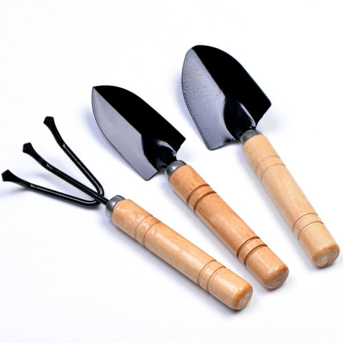 3 Piece Set Mini Garden Tool Spatula Rake Seedling Machine for Outdoor Potted Flowers Iron Wood Black