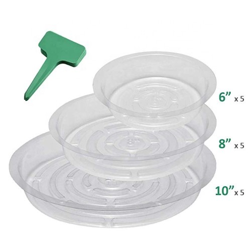 5-Pack Clear Plant Saucer Drip Trays, with 15 Pcs Plant Labels, Plastic Plant Pot Saucers Flower Pot Set for Indoor Outdoor Gard
