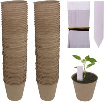 Round Biodegradable Peat Pots Plant Seedling Saplings Herb Seed Starters Kit with 100 Pcs White Plastic Plant Labels