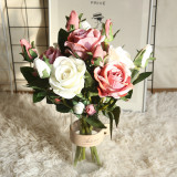 2021Hot simulation  flower plant bonsai wedding decoration ins wind artificial flannel one flower two bud rose