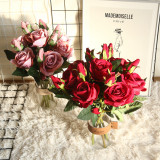 2021Hot simulation  flower plant bonsai wedding decoration ins wind artificial flannel one flower two bud rose