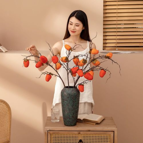 2021Wholesale wedding decoration simulation fruit persimmon artificial green plant