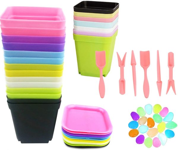 Colorful Square Plastic Plant Pot Planter Sets With Tray Saucer 20pcs Colorful Luminous Stones And 2 Transplanting Tools