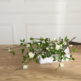 The living room dining table is decorated with flower arrangement and bonsai. New Chinese Spring Begonia flowers