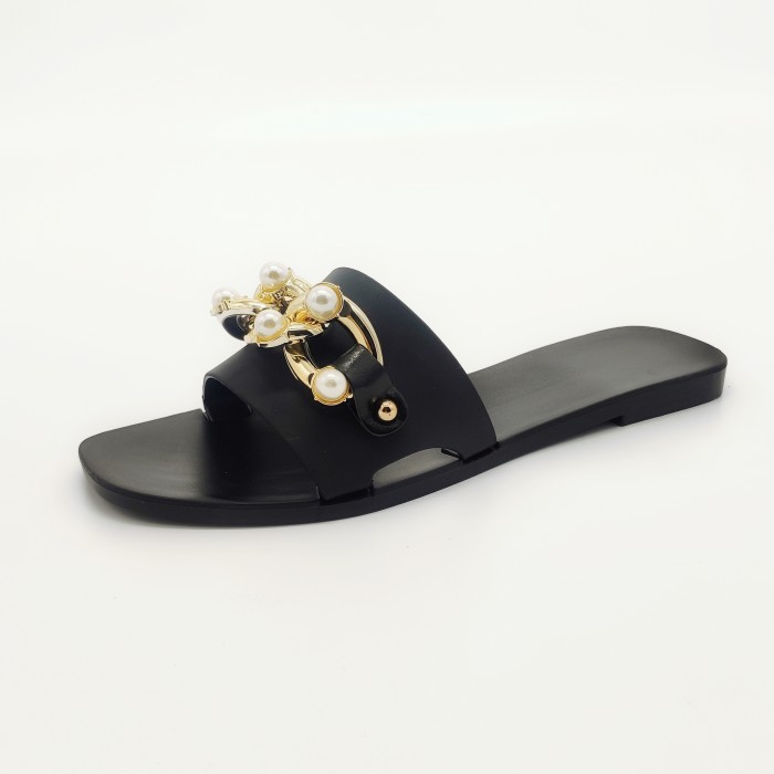 YE04 Jelly shoes Women Summer Slipper Square Toe Chain Slippers Slip on Flat Slide Sandals Beach Casual Shoe 36-41