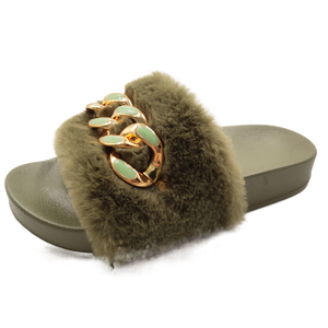 MDY28 Women Slippers Furry Fluffy Flip Flops Women Sandals Gold Chain Fur Ladies Slippers Size Shoes 36-41