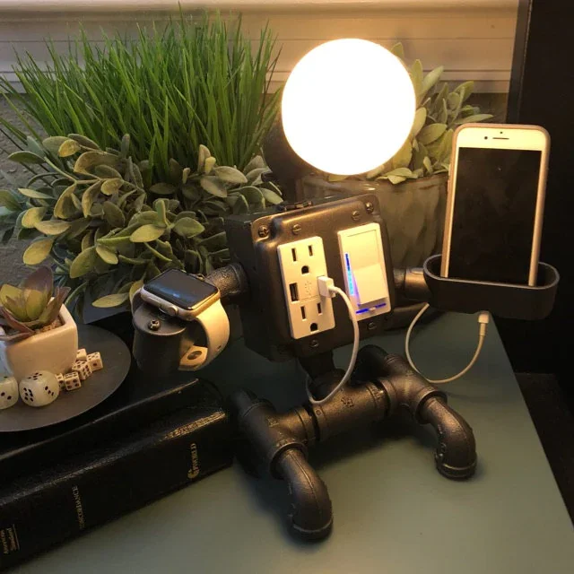Robot Steampunk Industrial Pipe Desk, Robot Steampunk Industrial Pipe Desk Lamp With Dimmer Smartphone Charging Cradle