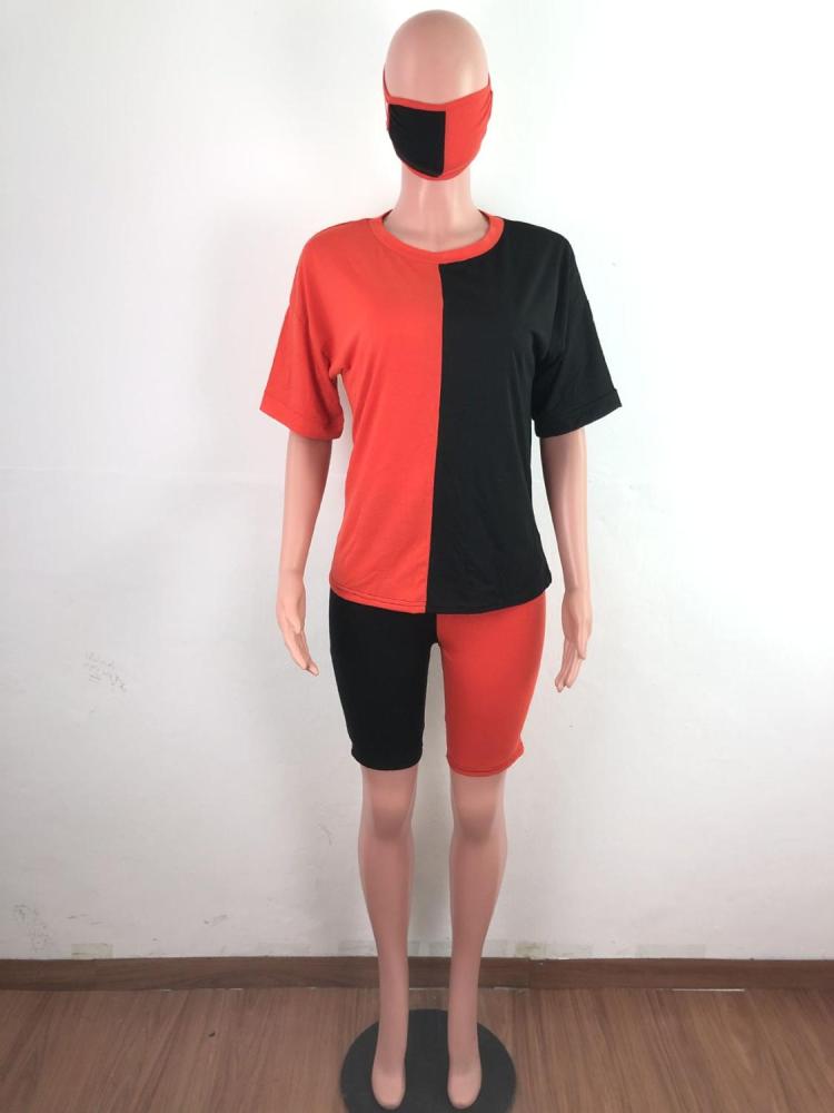 Casual Women Biker Short Set Color Patchwork Shirt Crop Top + Pants Short Sleeve Tracksuit Sportsuit Outfit