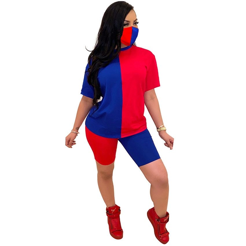 Casual Women Biker Short Set Color Patchwork Shirt Crop Top + Pants Short Sleeve Tracksuit Sportsuit Outfit