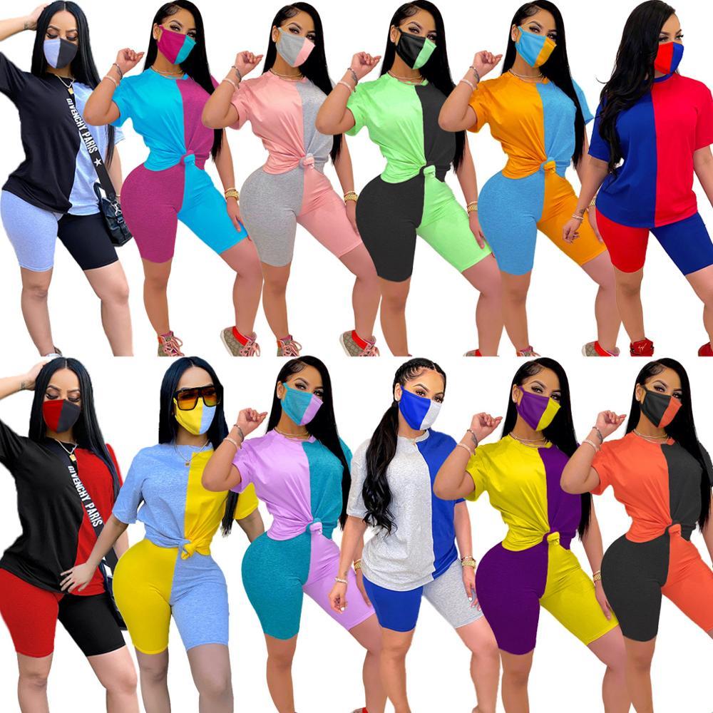 Casual Women Biker Short Set Color Patchwork Shirt Crop Top + Pants Short Sleeve Tracksuit Sportsuit Outfit