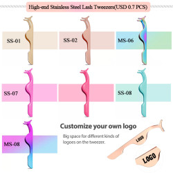 Customized logo tweezers for eyelashes black plastic strip lash rose eyelash tweezers eyelash set glitter eye lash tweezer case