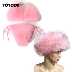 Women Real Fox Fur Slippers Sexy Bikini Bra Set Fluffy Raccoon Slides Beach Fur Swimsuit Underwear Fashion Bikini Set Detachable