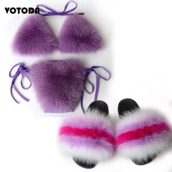 Women Real Fox Fur Slippers Sexy Bikini Bra Set Fluffy Raccoon Slides Beach Fur Swimsuit Underwear Fashion Bikini Set Detachable