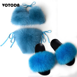 Women Real Fox Fur Slippers Sexy Bikini Bra Set Fluffy Raccoon Slides Beach Fur Swimsuit Underwear Fashion Bikini Set Detachable