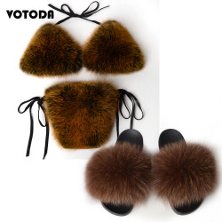 Women Real Fox Fur Slippers Sexy Bikini Bra Set Fluffy Raccoon Slides Beach Fur Swimsuit Underwear Fashion Bikini Set Detachable