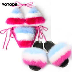 Women Real Fox Fur Slippers Sexy Bikini Bra Set Fluffy Raccoon Slides Beach Fur Swimsuit Underwear Fashion Bikini Set Detachable