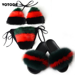 Women Real Fox Fur Slippers Sexy Bikini Bra Set Fluffy Raccoon Slides Beach Fur Swimsuit Underwear Fashion Bikini Set Detachable
