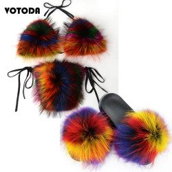 Women Real Fox Fur Slippers Sexy Bikini Bra Set Fluffy Raccoon Slides Beach Fur Swimsuit Underwear Fashion Bikini Set Detachable