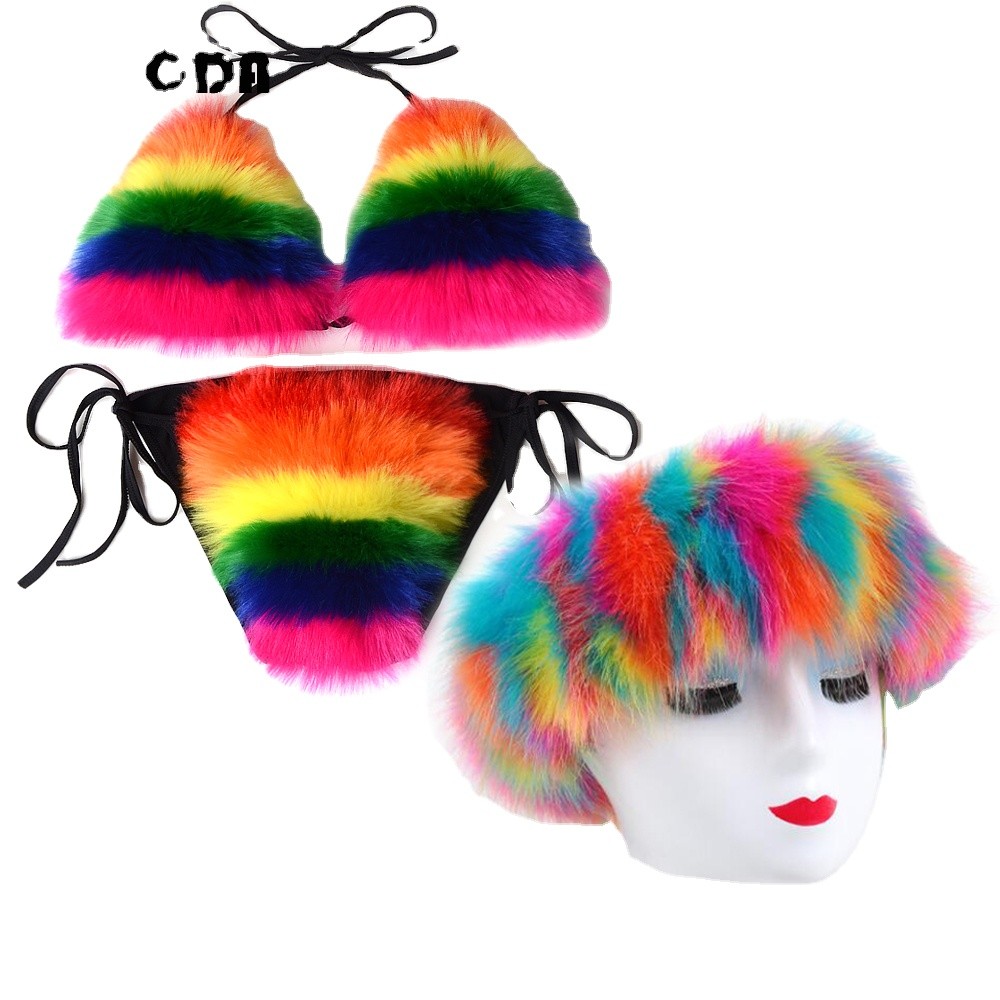 Women Real Fox Fur Slippers Sexy Bikini Bra Set Fluffy Raccoon Slides Beach Fur Swimsuit Underwear Fashion Bikini Set Detachable