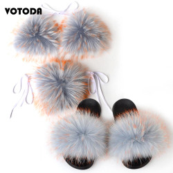 Women Real Fox Fur Slippers Sexy Bikini Bra Set Fluffy Raccoon Slides Beach Fur Swimsuit Underwear Fashion Bikini Set Detachable