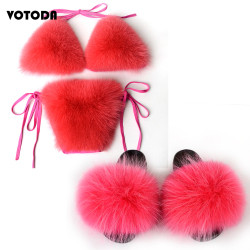 Women Real Fox Fur Slippers Sexy Bikini Bra Set Fluffy Raccoon Slides Beach Fur Swimsuit Underwear Fashion Bikini Set Detachable