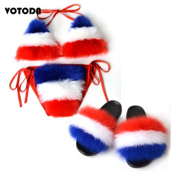 Women Real Fox Fur Slippers Sexy Bikini Bra Set Fluffy Raccoon Slides Beach Fur Swimsuit Underwear Fashion Bikini Set Detachable