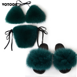 Women Real Fox Fur Slippers Sexy Bikini Bra Set Fluffy Raccoon Slides Beach Fur Swimsuit Underwear Fashion Bikini Set Detachable