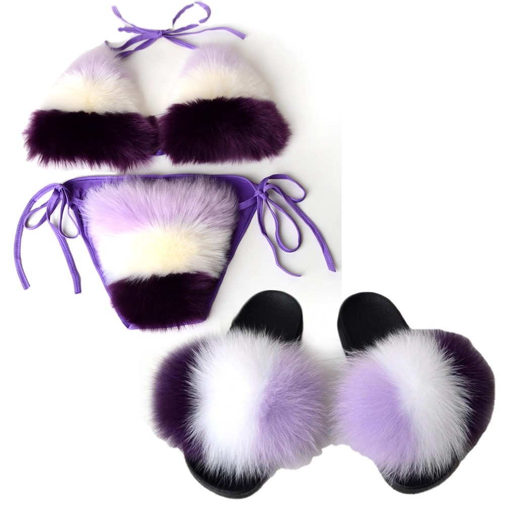 Women Real Fox Fur Slippers Sexy Bikini Bra Set Fluffy Raccoon Slides Beach Fur Swimsuit Underwear Fashion Bikini Set Detachable