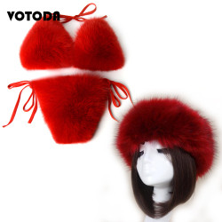 Women Real Fox Fur Slippers Sexy Bikini Bra Set Fluffy Raccoon Slides Beach Fur Swimsuit Underwear Fashion Bikini Set Detachable