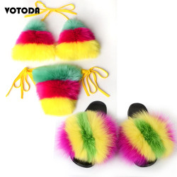 Women Real Fox Fur Slippers Sexy Bikini Bra Set Fluffy Raccoon Slides Beach Fur Swimsuit Underwear Fashion Bikini Set Detachable
