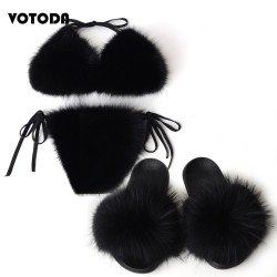 Women Real Fox Fur Slippers Sexy Bikini Bra Set Fluffy Raccoon Slides Beach Fur Swimsuit Underwear Fashion Bikini Set Detachable