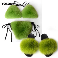 Women Real Fox Fur Slippers Sexy Bikini Bra Set Fluffy Raccoon Slides Beach Fur Swimsuit Underwear Fashion Bikini Set Detachable